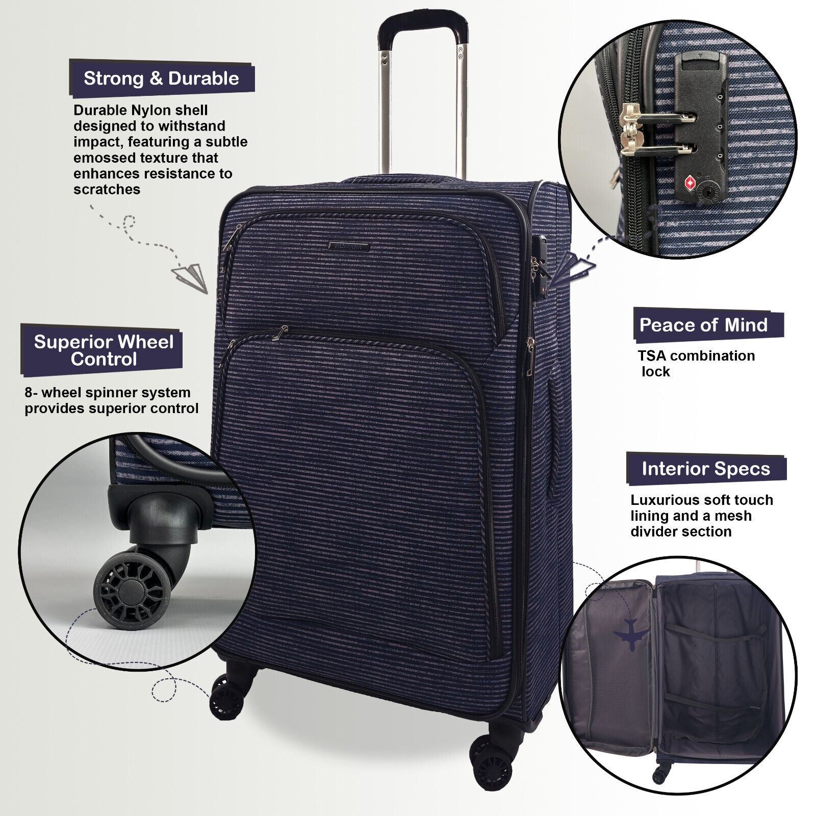 Ashbourne Cabin Soft Shell Suitcase in Lines - Image 7