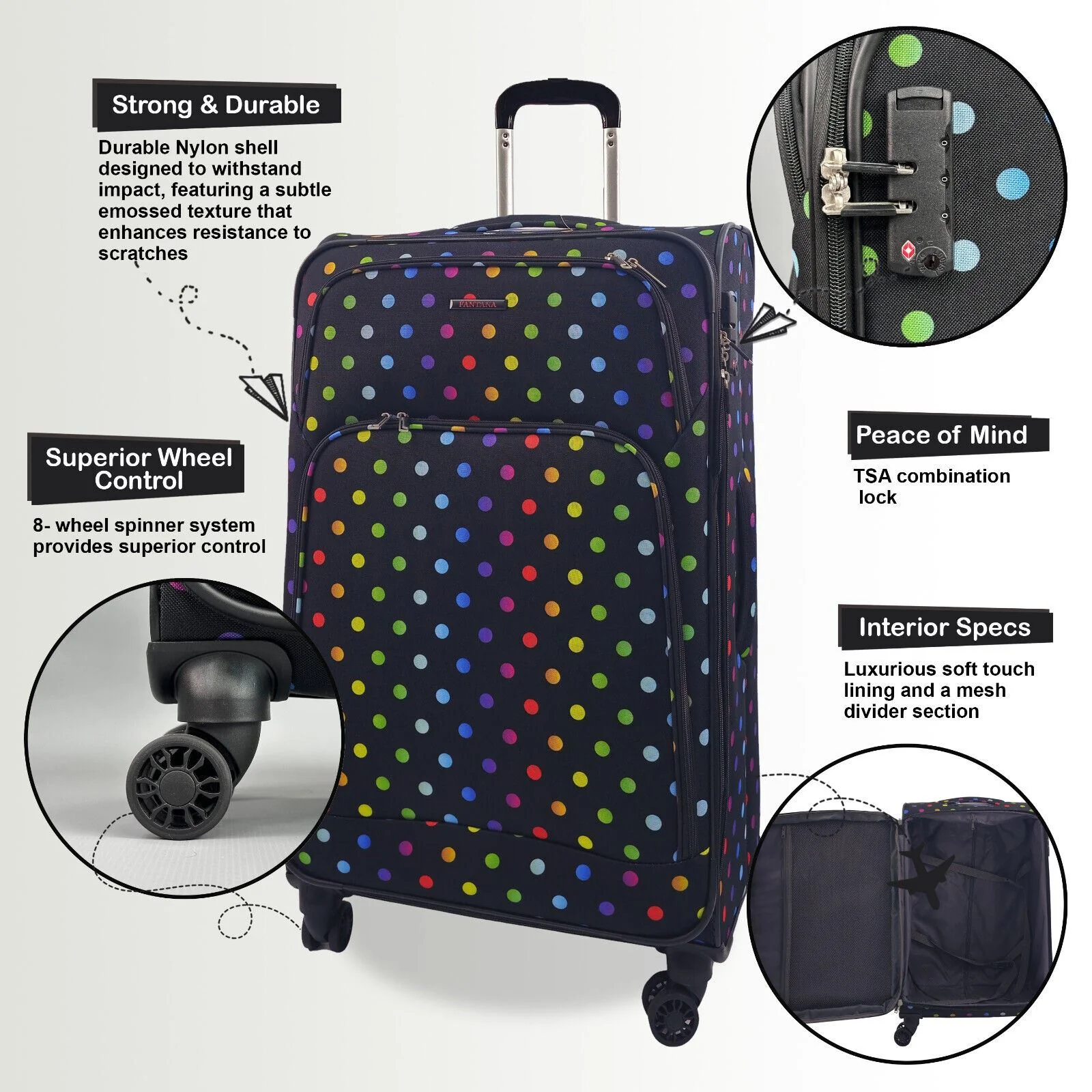 Ashbourne Large Soft Shell Suitcase in Dots - Image 7