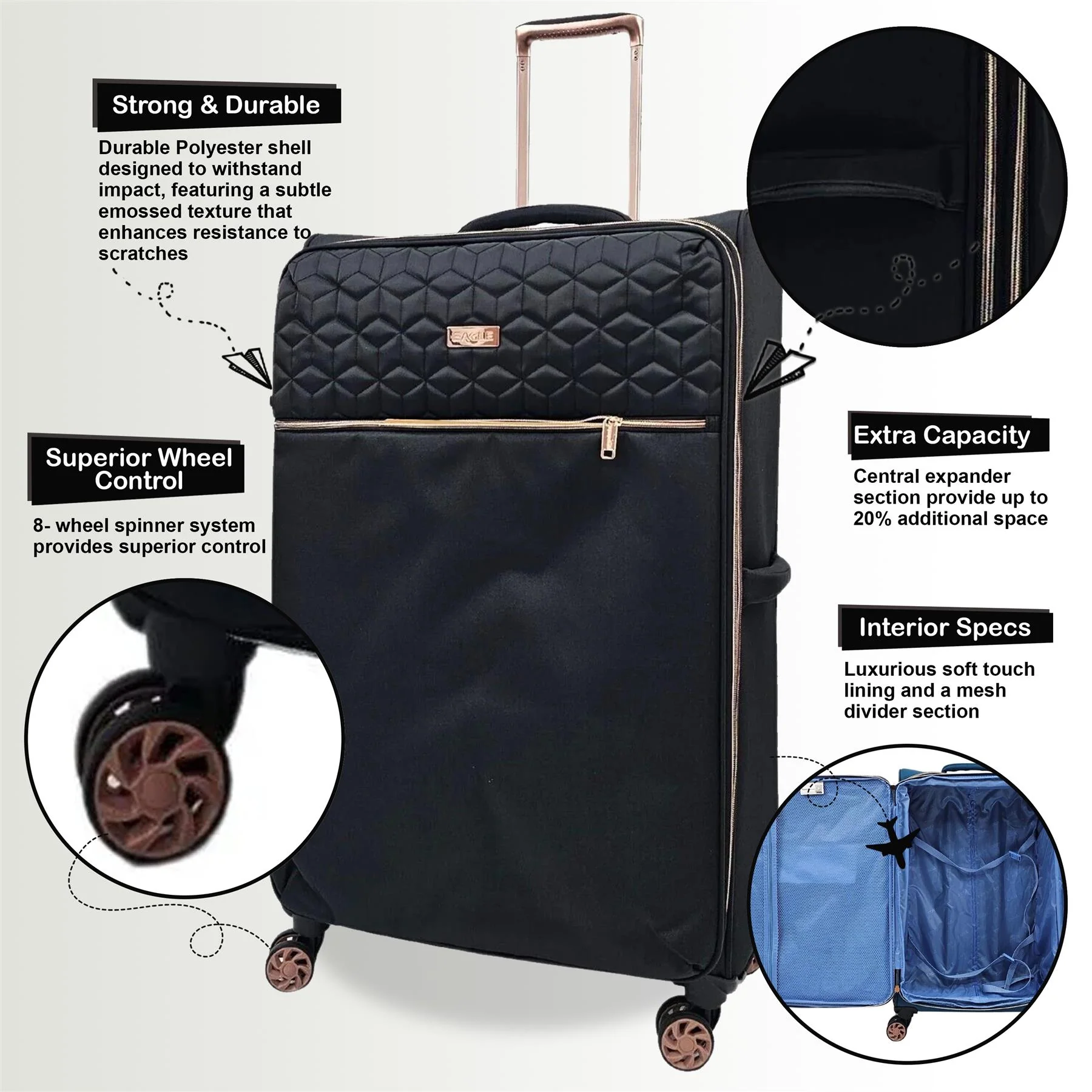 Bexley Set of 3 Soft Shell Suitcase in Black - Image 3