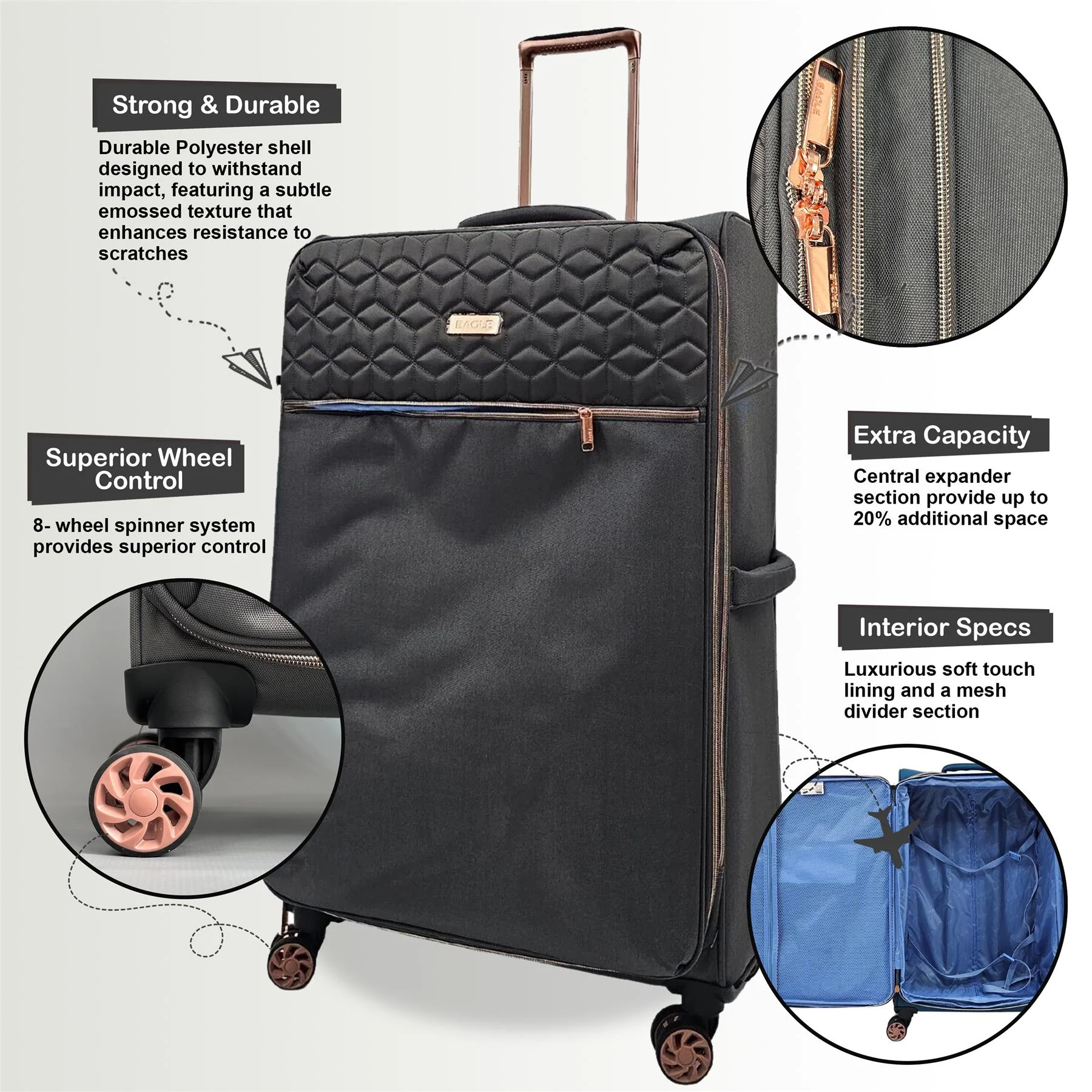 Bexley Set of 3 Soft Shell Suitcase in Grey - Image 3