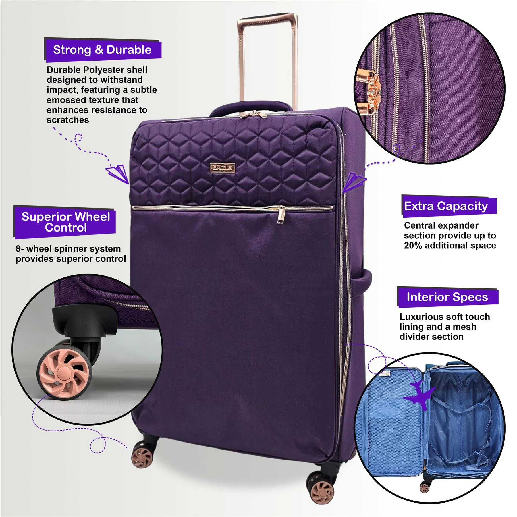 Bexley Set of 3 Soft Shell Suitcase in Purple - Image 3